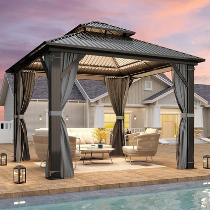 10 X 10ft Hardtop Gazebo, Galvanized Steel Double Roof Gazebo with Nettings and Curtain Outdoor Aluminum Frame Vertical Stripes Roof Permanent for Patio, Backyard, Lawns