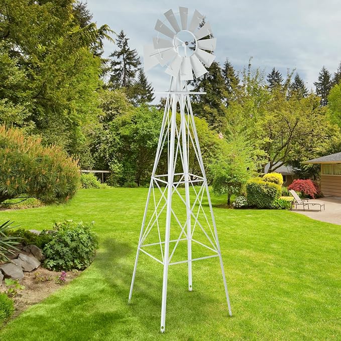 Garden Windmill for Yard Decor, 8 ft Tall Metal Windmill with Spinning Blades, Weather-Resistant Outdoor Windmill for Lawn, Farmhouse, Rustic & Farm Decor,White