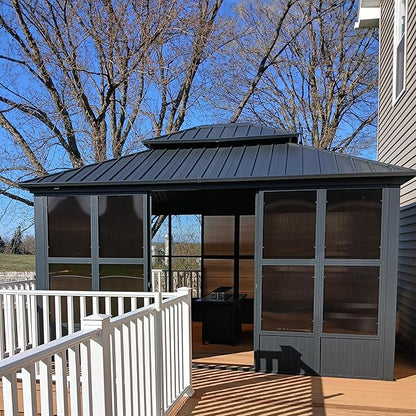 PURPLE LEAF 12' X 14' Solarium Sunroom Permanent Hardtop Gazebo Galvanized Steel Double Roof Aluminum Outdoor Screen House for Lawn Deck Backyard Grey