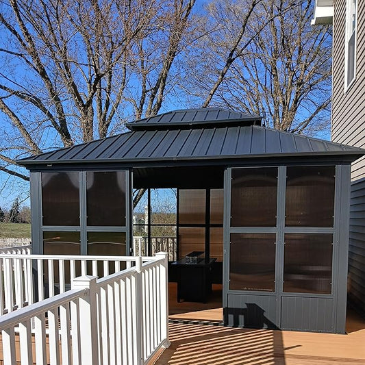 PURPLE LEAF 12' X 14' Solarium Sunroom Permanent Hardtop Gazebo Galvanized Steel Double Roof Aluminum Outdoor Screen House for Lawn Deck Backyard Grey