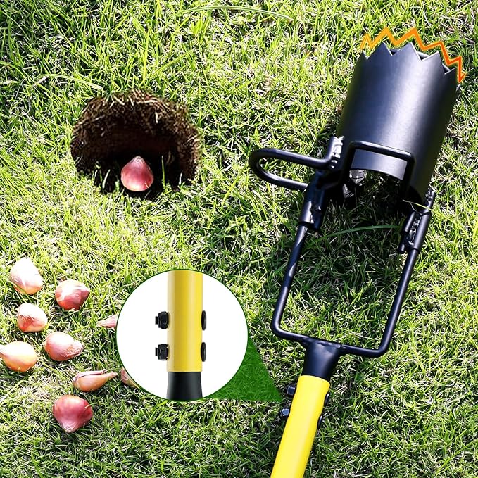 Bulb Planter Tool Long Handle, Plant Hole Digger with Soft Grip and Serrated Base, Heavy Duty 5-in-1 Sod Lawn Grass Plugger Tool Planting Digger Garden Transplanter for Tulips Iris Flower