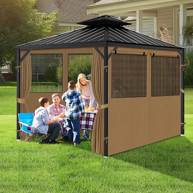 Gazebo Privacy Curtain 10'x10', Replacement Curtains with Mosquito Net Windows, 4-Panels Side Wall, Zippers, Waterproof Outdoor Curtains for Patio, Canopy, Garden and Backyard, Khaki (Curtain Only)