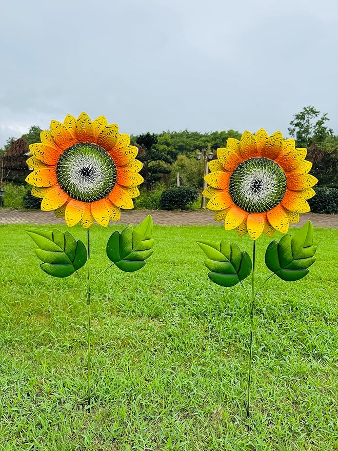 Outdoor Metal Sunflower Stakes, 40 Inch Height, 13 Inch Flower Head, Garden Decor, Set of 2