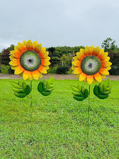 Outdoor Metal Sunflower Stakes, 40 Inch Height, 13 Inch Flower Head, Garden Decor, Set of 2