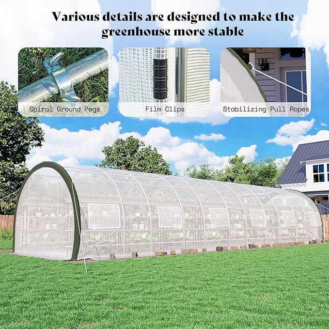 AMERLIFE 36x10x7 FT Large Walk-in Tunnel Greenhouses for Outdoors with Watering System 2 Zipper Doors, Heavy Duty Greenhouse Upgraded Galvanized Steel Frame 12 Windows, Green/White