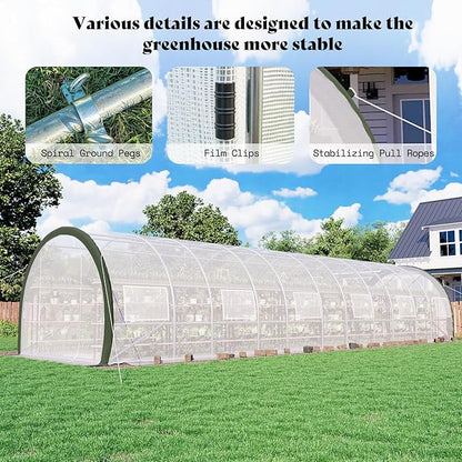 AMERLIFE 36x10x7 FT Large Walk-in Tunnel Greenhouses for Outdoors with Watering System 2 Zipper Doors, Heavy Duty Greenhouse Upgraded Galvanized Steel Frame 12 Windows, Green/White