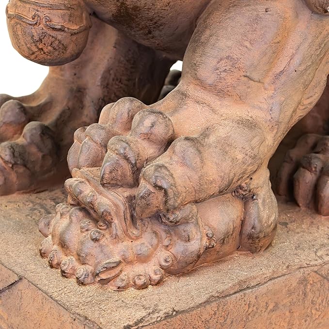 Zaer Ltd. Set of 2 Traditional Fu Dog Garden Statues, Chinese Guardian Lion Sculptures with Pedestals, Made with Magnesium-Cement (Antique Rust)