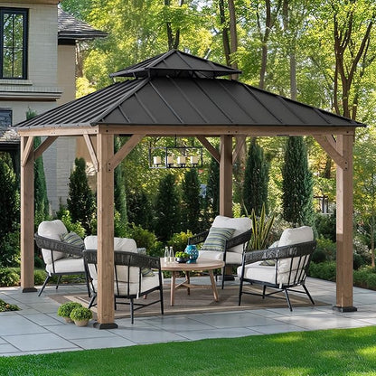 SUNJOY 11 x 11 ft. Wood Gazebo, Upgrade Outdoor Patio Cedar Framed Steel Hardtop Gazebo with 2-Tier Metal Roof, Suitable for Patios, Lawn and Backyard, Dark Brown Roof + Dark Wood Frame