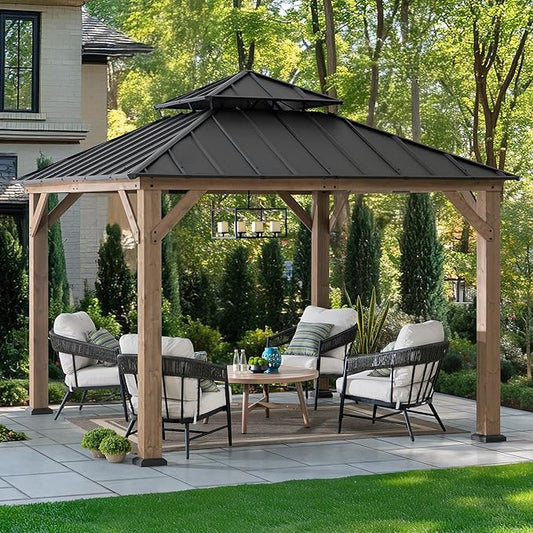 SUNJOY 11 x 11 ft. Wood Gazebo, Upgrade Outdoor Patio Cedar Framed Steel Hardtop Gazebo with 2-Tier Metal Roof, Suitable for Patios, Lawn and Backyard, Dark Brown Roof + Dark Wood Frame