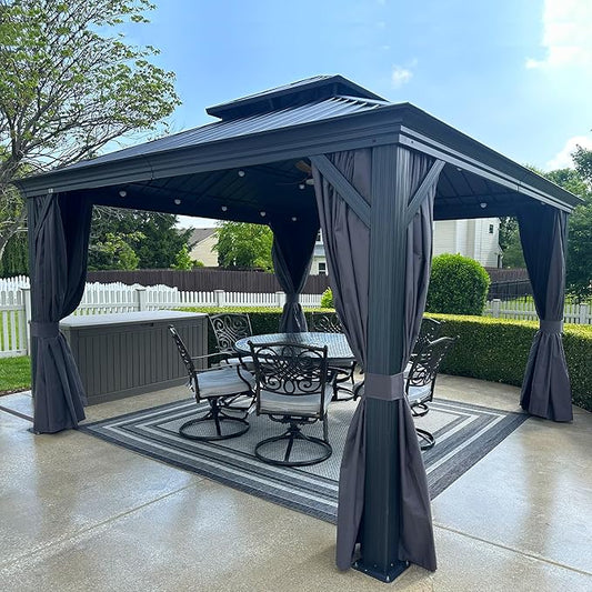 PURPLE LEAF 12' X 12' Permanent Hardtop Gazebo Aluminum Gazebo with Galvanized Steel Double Roof for Patio Lawn and Garden, Curtains and Netting Included, Grey