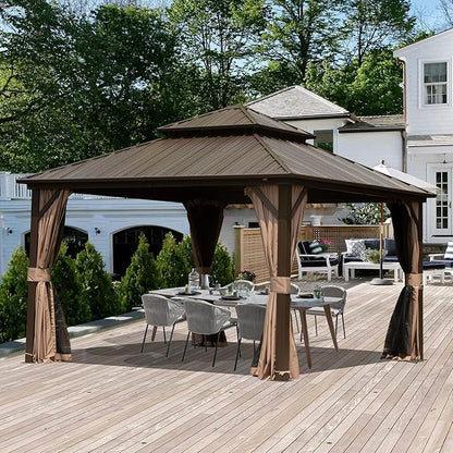 Domi 12' x 12' Hardtop Gazebo Permanent Metal Gazebo with Galvanized Steel Double Roof, Curtains and Netting for Party, Wedding, Outdoor Dining, Patio, Backyard, Brown