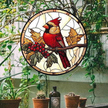 Stained Glass Window Hanging, Birds on a Branch Cardinal Sun Catchers Diamond Glass Panel Hangings Suncatcher Decor for Birthday for Women, Men, Wife, Aunt, and Mom 14.9x14.9 in