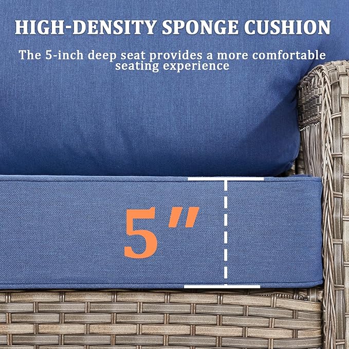 10 Pieces Patio Furniture Set Outdoor Sectional Sofa Couch with Rocking Swivel Chairs 5" Deep Seat Chairs, Modern Wicker Rattan Conversation Set, Blue/Gray Wicker