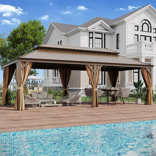12' X 24' Hardtop Gazebo, Outdoor Galvanized Steel Double Roof Permanent Aluminum Frame Pavilion Pergola Canopy with Privacy Curtains for Garden, Patio, Backyard, Deck and Lawns.