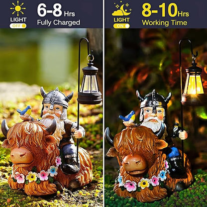 Garden Gnome Outdoor Statue 12 Inch Highland Cow Gnomes Decorations for Yard Patio Lawn Porch Birthday for Women, Mother’s Day, Housewarming with Solar Light Funny Decor for Outside