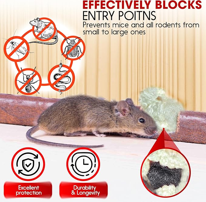 Rodent Barrier Kit, 3PCS Steel Wool Included PU Foam Hole Filler, 3.2"x7.5’ Steel Wool for Mice Control, Rodent Control Fill Fabric, Gloves, Scissors, Gap Blocker in Hole Pipeline Vent in House Garage