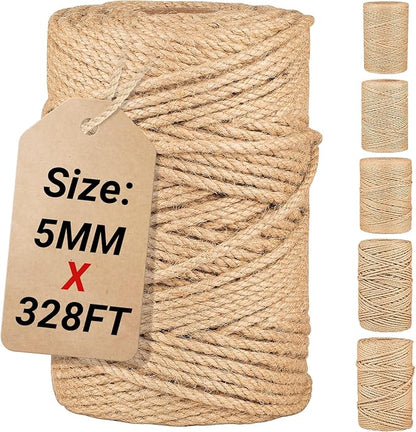 Natural Jute Twine String,Bulk Jute Rope Cord Twine for Crafting Gardening,Roll of Thick and Thin Twine for Gift Wrapping,Brown Decorative Rope,Ornament Twine for Cat Scratch Post (5mm x 328ft)