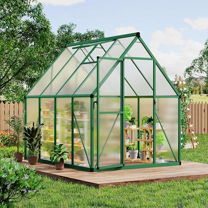 CABIHOME 6x7 FT Outdoor Greenhouse, Polycarbonate Greenhouse with Roof Vent and Ground Nails, Aluminum Large Walk-in Green House w/ Lockable Push Door for Outside Garden Backyard (Green, 6x7 FT)