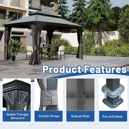 Outdoor Hardtop Gazebo for Patio 12x16FT with Resin-Galvanized Steel Roof, Metal Hard Top Gazebo with Gutters, Heavy Duty Gazebos All Season with Curtains & Netting, for Deck, Backyard, Hot Tub