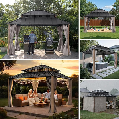 SUNJOY Kingston 14' x 12' Hardtop Gazebo with Galvanized Steel Double Roof, Curtain and Netting, Woodgrain Finish Aluminum Posts Permanent Pavilion Gazebo for Garden, Patio, Deck, Lawn