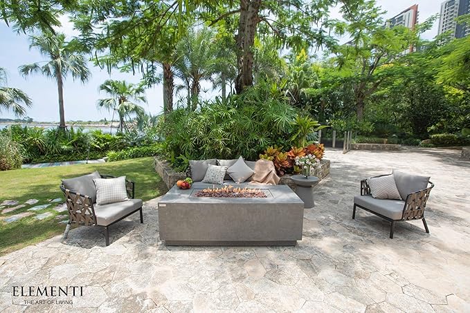ELEMENTI Andes Propane Gas Fire Pit Table | Rectangular Concrete Fireplace with Concealed Propane Tank Storage Drawer | Electronic Ignition | Light Gray