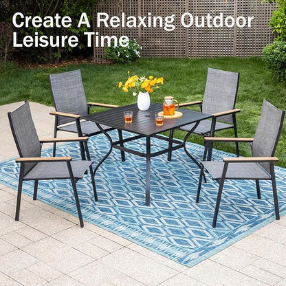 PHI VILLA Outdoor Stackable Chairs, Patio Chairs Set of 8, Light Weight Aluminum Frame with Textilene Fabric & Wood Armrest, High Back Deck Chairs for Poolside Lawn Garden, Gray