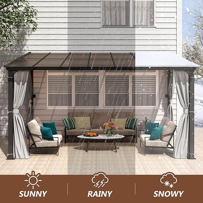 10 x13FT Outdoor Wall-Mounted Hardtop Gazebo, Aluminum Frame Lean to Gazebo with Polycarbonate Roof and Curtains for Patio, Garden, Deck