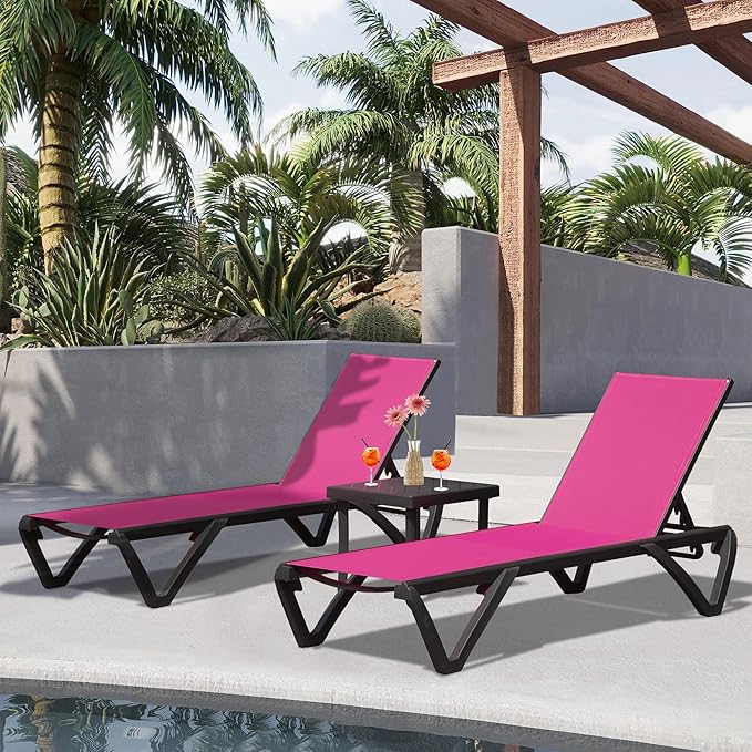 Domi Pool Lounge Chairs, Aluminum Patio Chaise Lounge with Side Table, Wheels, 5 Position Adjustable, All Weather Outdoor Lounge Chairs for Beach, Yard, Balcony, Poolside, Pink