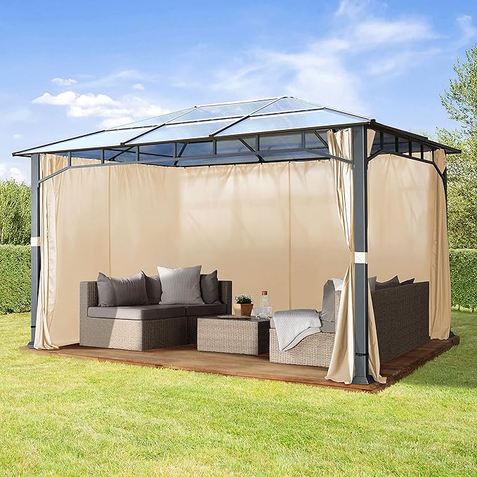 TOOLPORT Hardtop Gazebo 10x13 ft with Aluminum Frame and Approx. 8 mm Polycarbonate Roof - Side Panels in Champagne