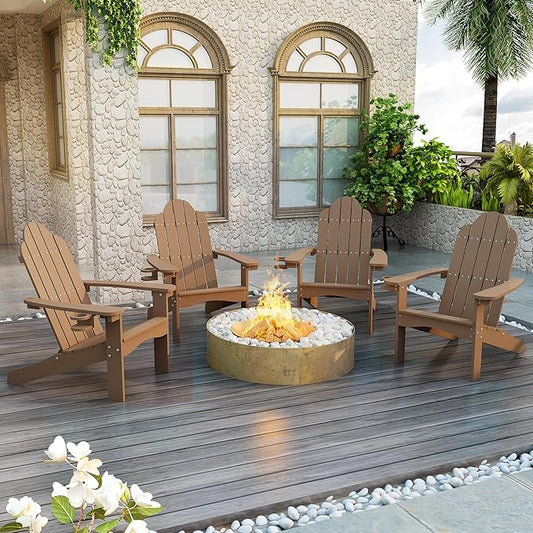 LUE BONA HDPS Adirondack Chairs Set of 6, Fire Pit Outdoor Chair Weather Resistant with Cup Holder, Modern Plastic Chair Plastic for Patio, Deck, Proch, 350LBS, Brown