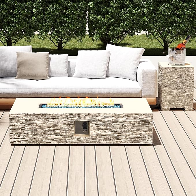 UPHA 56-inch Outdoor Propane Gas Fire Pit Table 50000 BTU Concrete Round FirePit for Outside Patio with Propane Tank Cover, Blue Glass Rocks, Rain Cover, Beige Texture