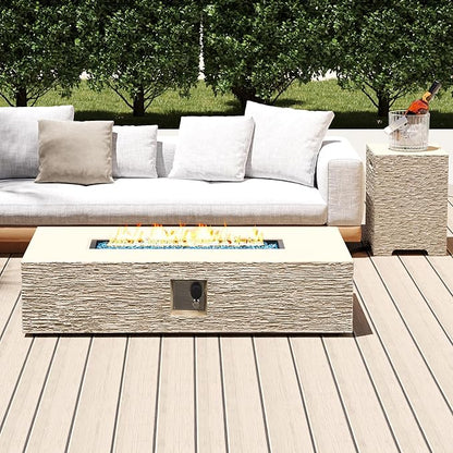 UPHA 56-inch Outdoor Propane Gas Fire Pit Table 50000 BTU Concrete Round FirePit for Outside Patio with Propane Tank Cover, Blue Glass Rocks, Rain Cover, Beige Texture
