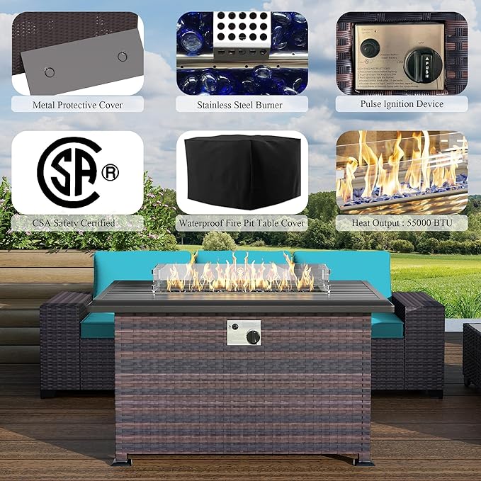 10 Pieces Outdoor Patio Furniture Set Outdoor Furniture Patio Sectional Sofa Conversation Sets w/ETL Approved 45" Gas Outdoor Fire Table & Coffee Table, Swivel Rocking Chair (Turquoise)