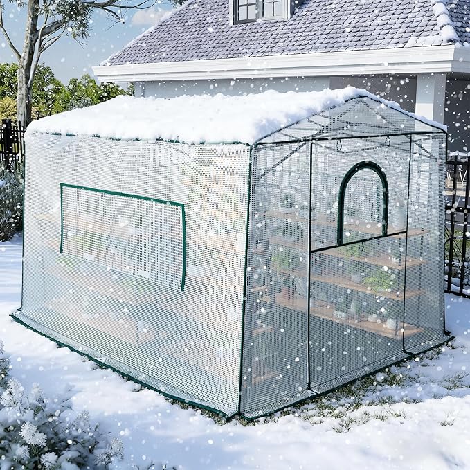 8.7'x 6.6'x 7' Small Walk-in Greenhouse for Outside & Indoor with 2 Roll-up Zipper Doors, 4 Ventilated Mesh Windows, Patio Plant Gardening Greenhouse for Backyard