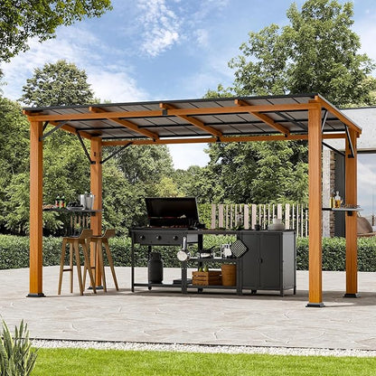 Hardtop Grill Gazebo 6'x12'with Side Shelf, Outdoor Gazebo with Bottle Opener & Hooks, Grill Canopy with Sturdy Rustproof Design for Backyard, Garden, Patio,Wood-Looking