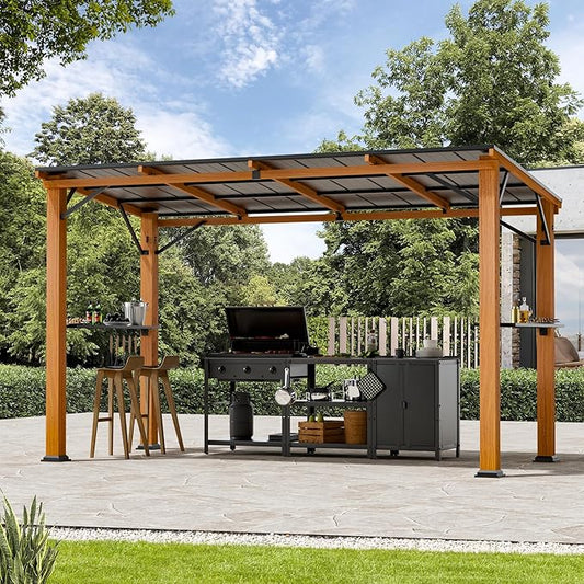 Hardtop Grill Gazebo 6'x12'with Side Shelf, Outdoor Gazebo with Bottle Opener & Hooks, Grill Canopy with Sturdy Rustproof Design for Backyard, Garden, Patio,Wood-Looking