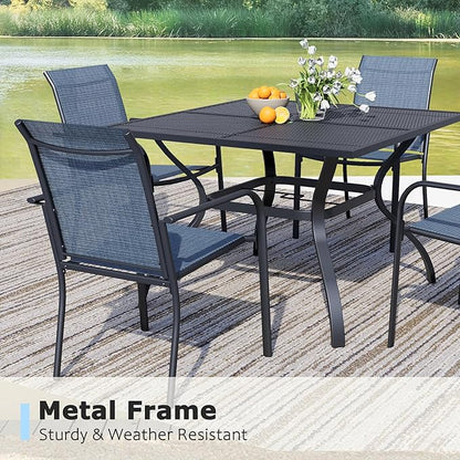 5 Pieces Sqaure Dining Table Set for 4, Patio Dining Set Includes 4 Blue Stackable Patio Chairs and 1 Black Mesh Square Table, Patio Furniture Sets with Sling Support for Outside, Garden