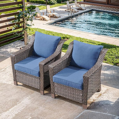 Outdoor Wicker Chair Set of 2-Outdoor Patio Chairs with Deep Seating Patio Dining Chairs for Deck Balcony Poolside Backyard-Brown/Blue