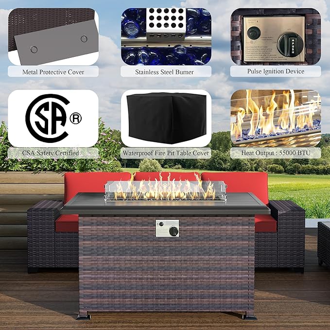 Outdoor Patio Furniture Set with Propane Fire Pit Table, 13 Pieces Outdoor Furniture Patio Sectional Sofa Conversation Sets w/ETL Approved 43" Gas Outdoor Fire Table & Coffee Table Red.