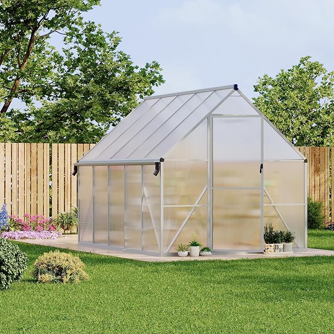 8X10 ft Polycarbonate Greenhouse with Aluminum Frame, Polycarbonate Greenhouse for Outdoors, Greenhouses with Ventilation and Rain Gutter, Aluminum Large Walk-in Greenhouses for Outside