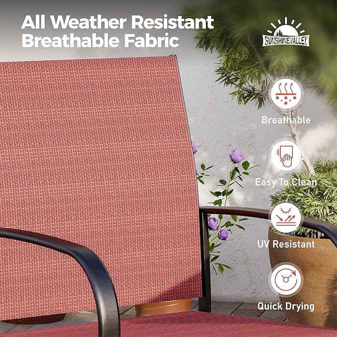 7 Pcs Patio Dining Set for 6, Rectangular Metal Dining Table (PVC Table Top) with Umbrella Hole and 6 Chairs, Outdoor Dining Set for Lawn Garden Deck, Red