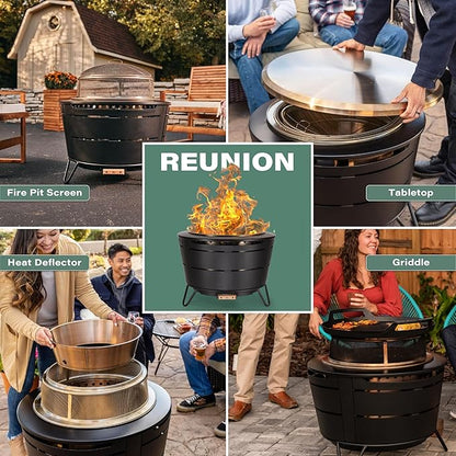 TIKI 27.5-Inch Smokeless Reunion Fire Pit, Large Outdoor Fire Pit for Gatherings, Wood Burning with Removable Ash Pan & Weather-Resistant Cover, Modern Black Design – Perfect for Patio & Backyard
