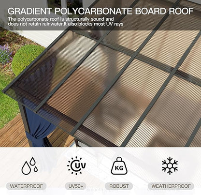 10’ x 28’ Gazebo for Patio,Wall Mounted Gazebo with Sloping Polycarbonate Roof,Aluminum Frame Outdoor pelgole w/Netting & Curtain for Garden,Backyard,Navyblue