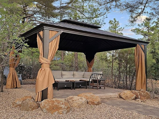 PURPLE LEAF 14' X 16' Outdoor Hardtop Gazebo Patio Wide Aluminum Frame Galvanized Steel Double Roof with Heavy Duty Netting and Curtains for Permanent Hard Top Pavilion Screen Khaki