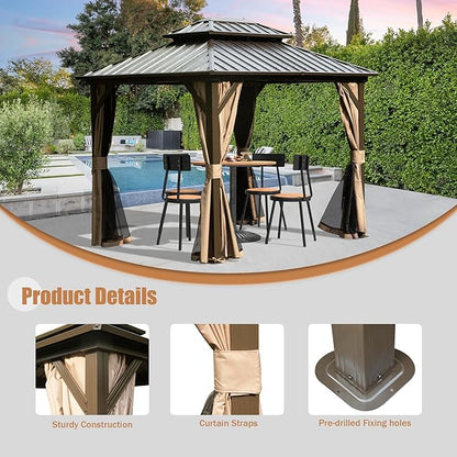 Domi 8' x 10' Hardtop Gazebo Permanent Metal Gazebo with Galvanized Steel Double Roof, Curtains and Netting for Party, Wedding, Outdoor Dining, Patio, Backyard, Brown