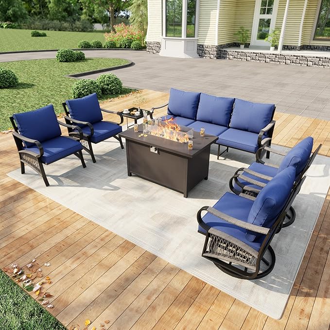 7 Pieces Modern Patio Furniture Set, All Weather Metal Outdoor Conversation Sets with Fire Pit Table for Backyard Garden Deck Porch Poolside, Blue