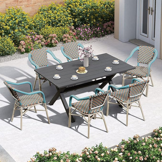 PURPLE LEAF 7 Pieces Outdoor Table and Chair Set Patio Furniture Set with Large Rectangular Table and 10 French Dining Chairs for Poolside Deck Colorful Patio Dining Set