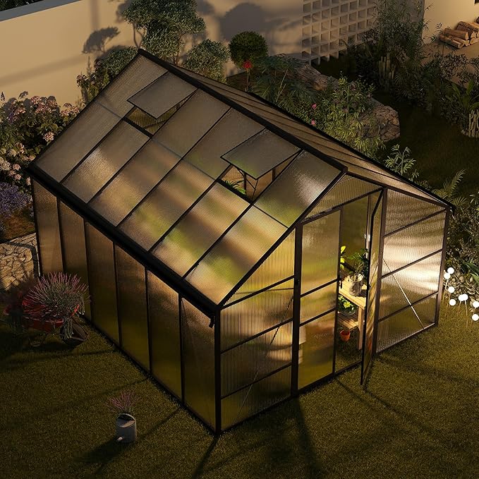 10x12 FT Greenhouse for Outdoors, Polycarbonate Greenhouse with Roof Vent, Enhanced Aluminum Large Walk-in Green House for Garden Backyard
