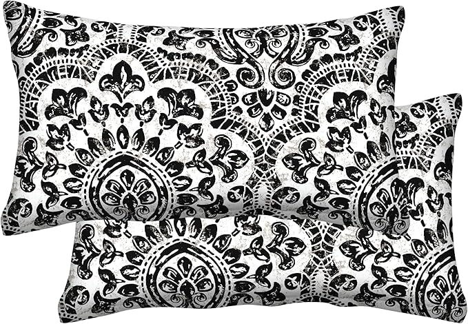 Honeycomb Outdoor Lumbar Toss Pillow Set, 20" W x 12" L, Sorrento Black and White Outdoor Pillows
