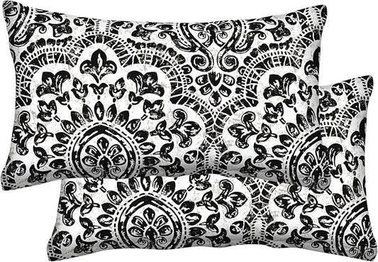 Honeycomb Outdoor Lumbar Toss Pillow Set, 20" W x 12" L, Sorrento Black and White Outdoor Pillows